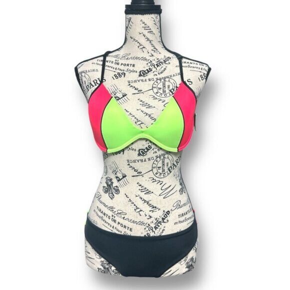 Victoria’s Secret PINK Bikini Set M Top S Bottom Neon Colorblock NWT Swimwear - Picture 1 of 15